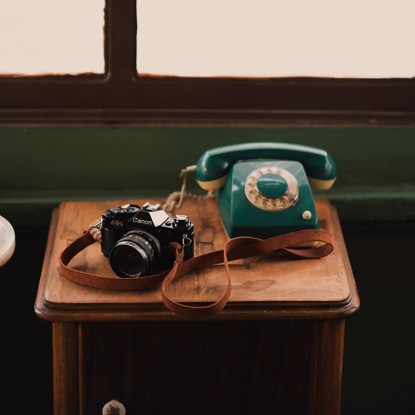 telephone camera vintage bedside table